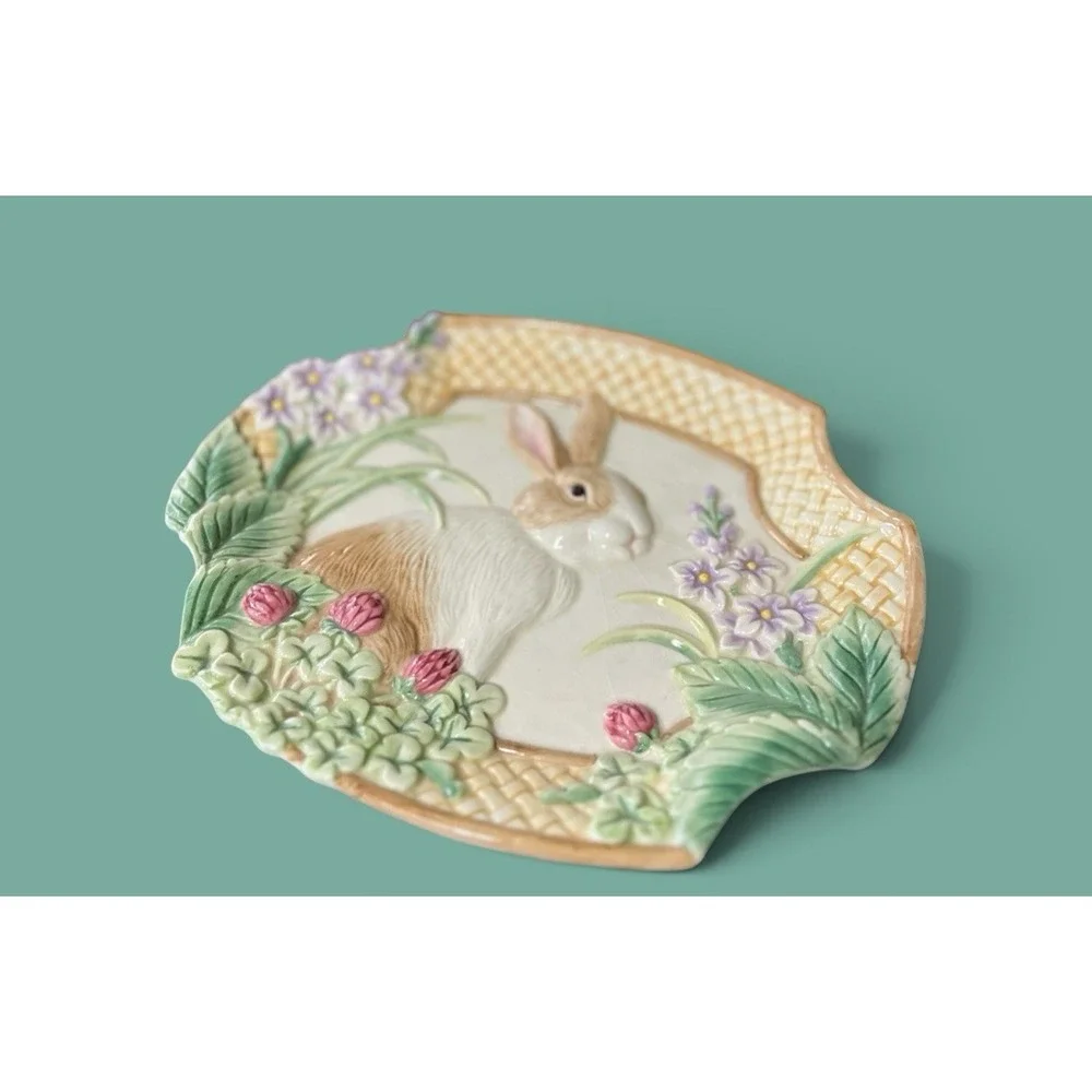 Fitz & Floyd Essentials Botanical Bunny Rabbit Canape Plate Dish Bowl Embossed